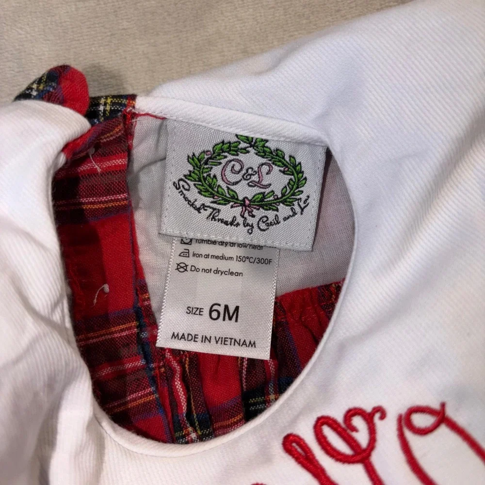Cecil and Lou Baby Girls Red Plaid Monogrammed Christmas Top Bloomer Set 6M AOW